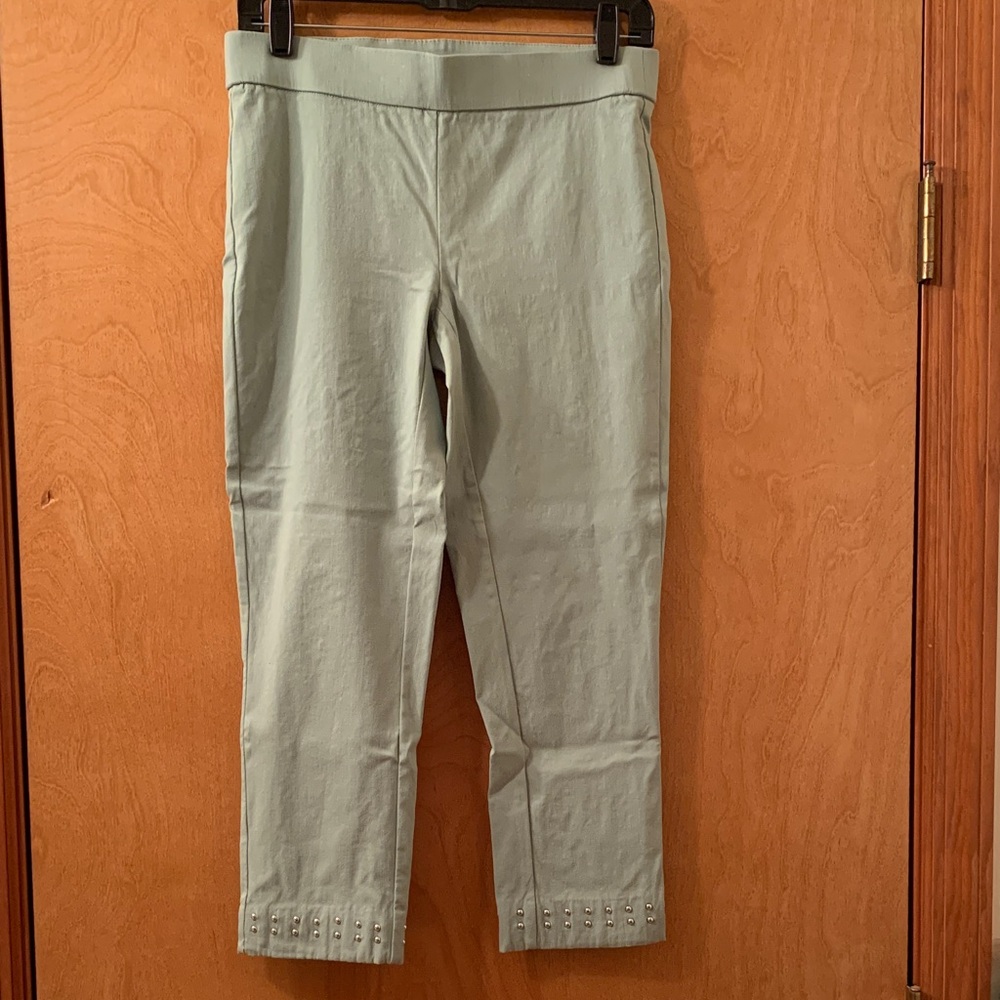 Emaline Light Green Cropped Pants with Studded Hem